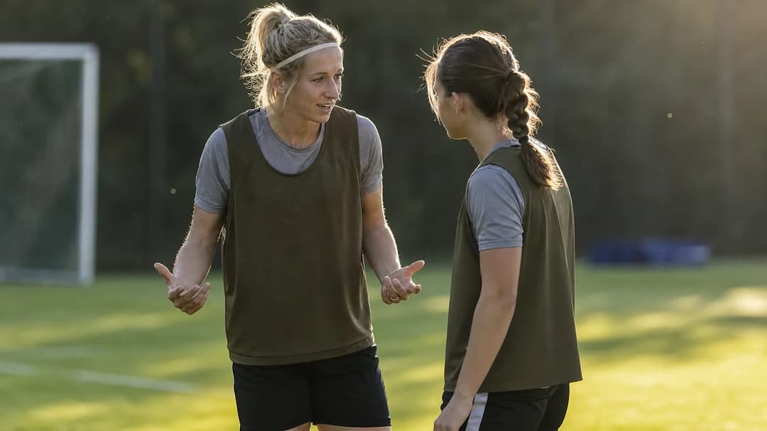 Kathrin Hendrich discussing strategies with a teammate on the training pitch of 1. FC Köln.