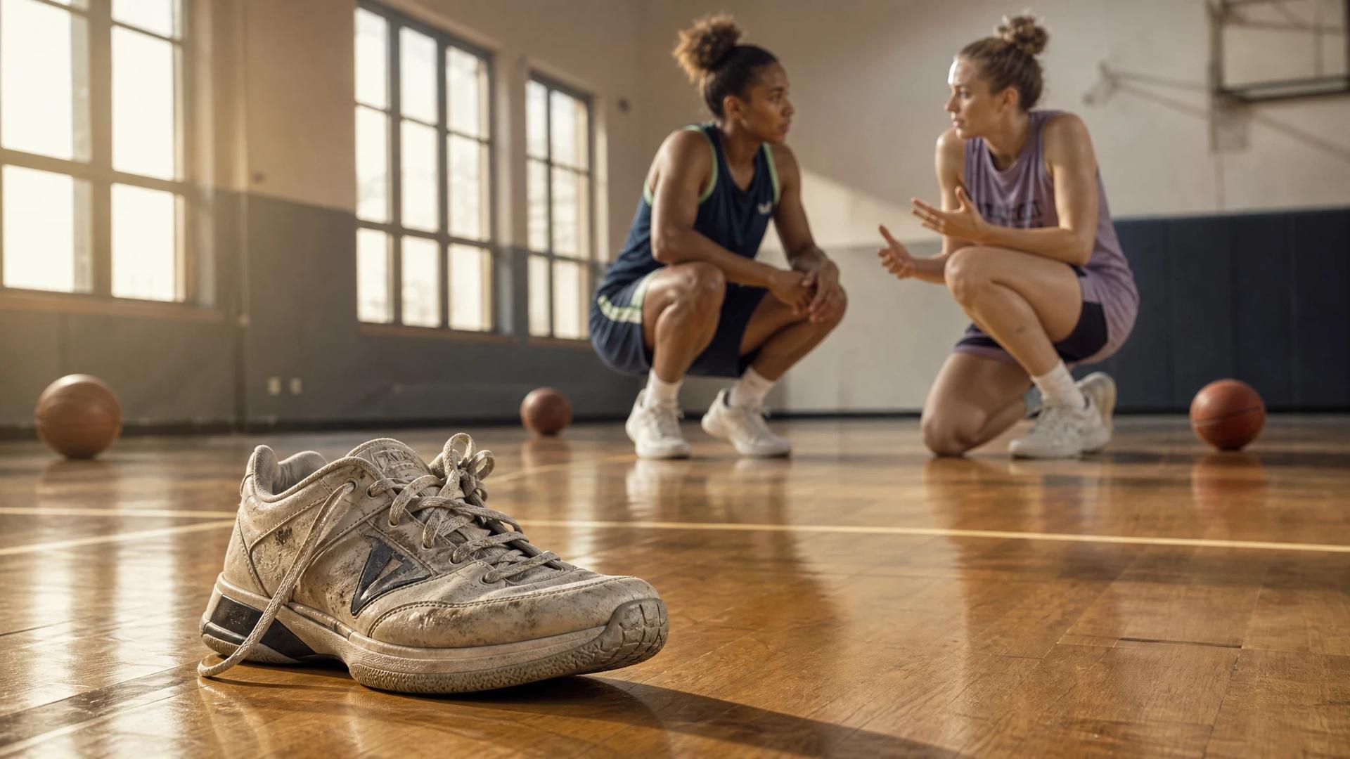 Close-up of a worn-out sneaker on a basketball court, symbolizing the journeys of athletes.