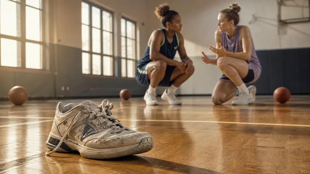Close-up of a worn-out sneaker on a basketball court, symbolizing the journeys of athletes.