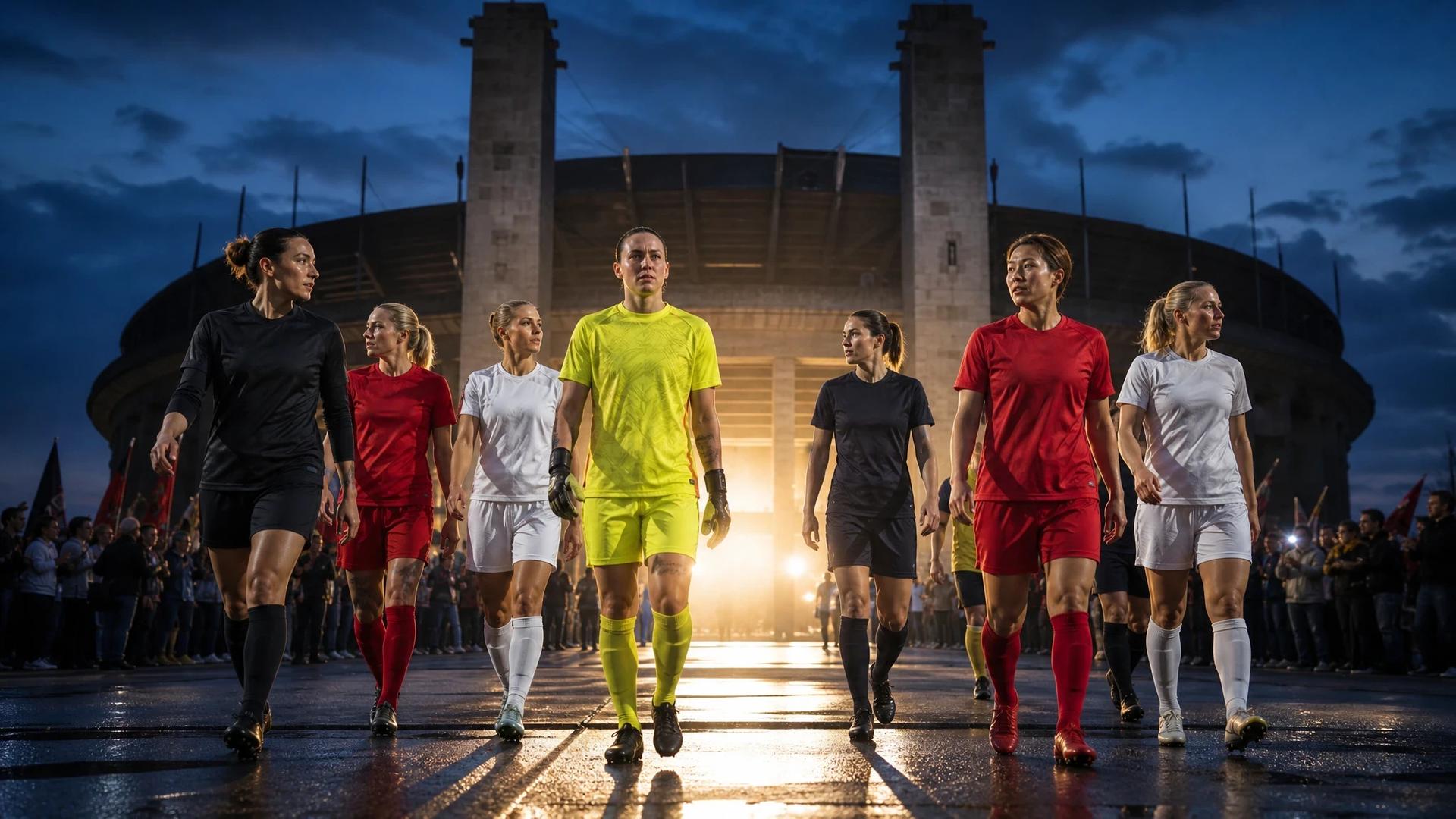 A group of female football players walking towards a stadium entrance under bright lights.