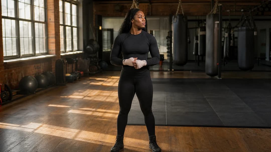 Claressa Shields in a training facility, looking contemplative.