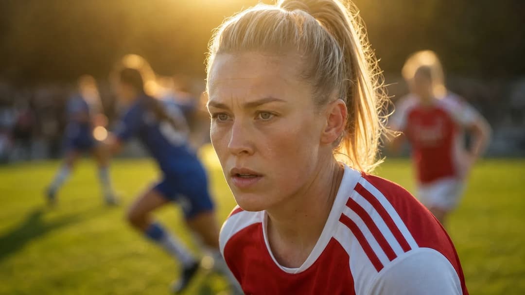 A female football player from Arsenal stands focused in a close-up, illuminated by golden-hour light.