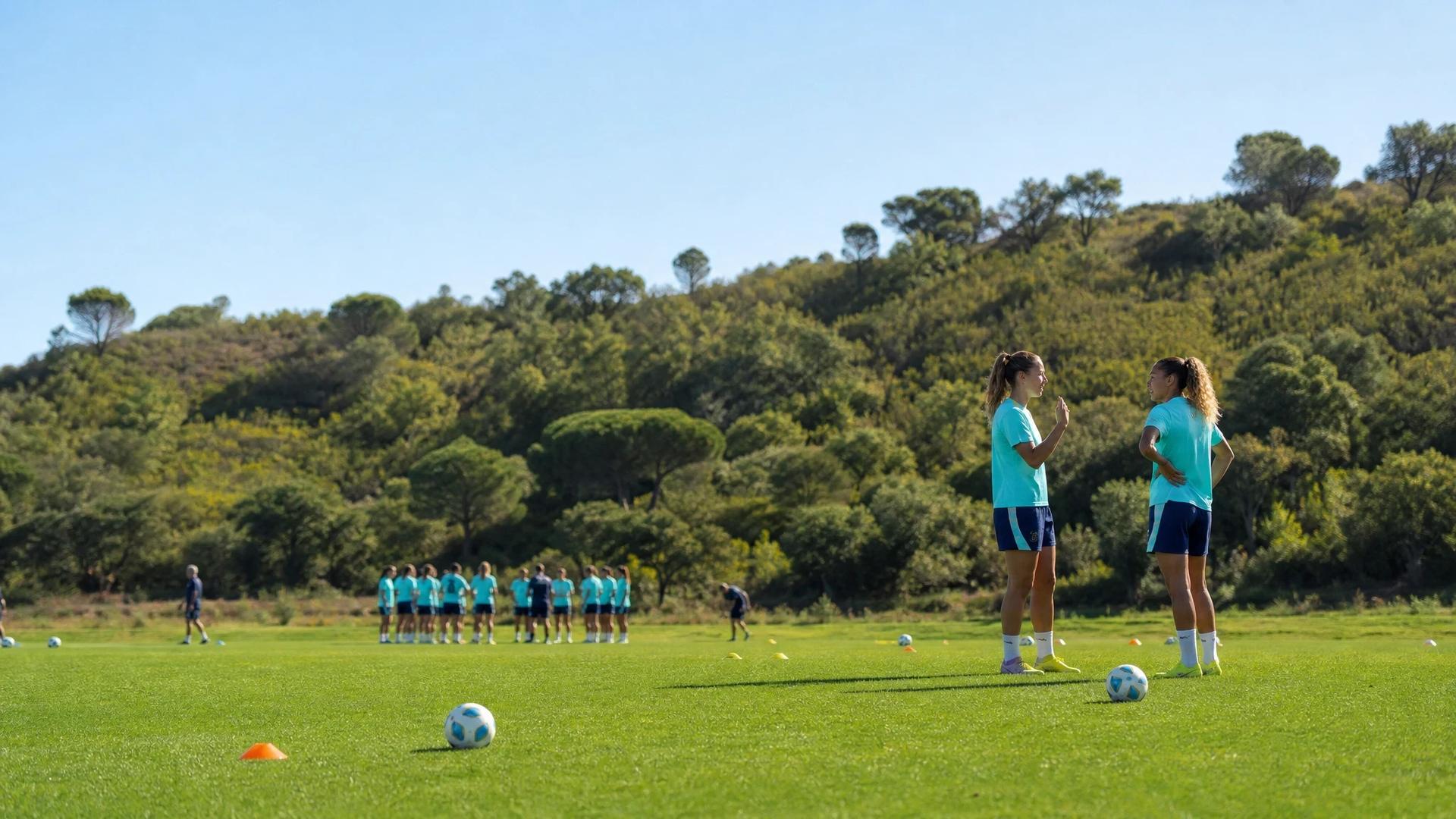A candid moment of London City Lionesses in a huddle during a training camp in Portugal.