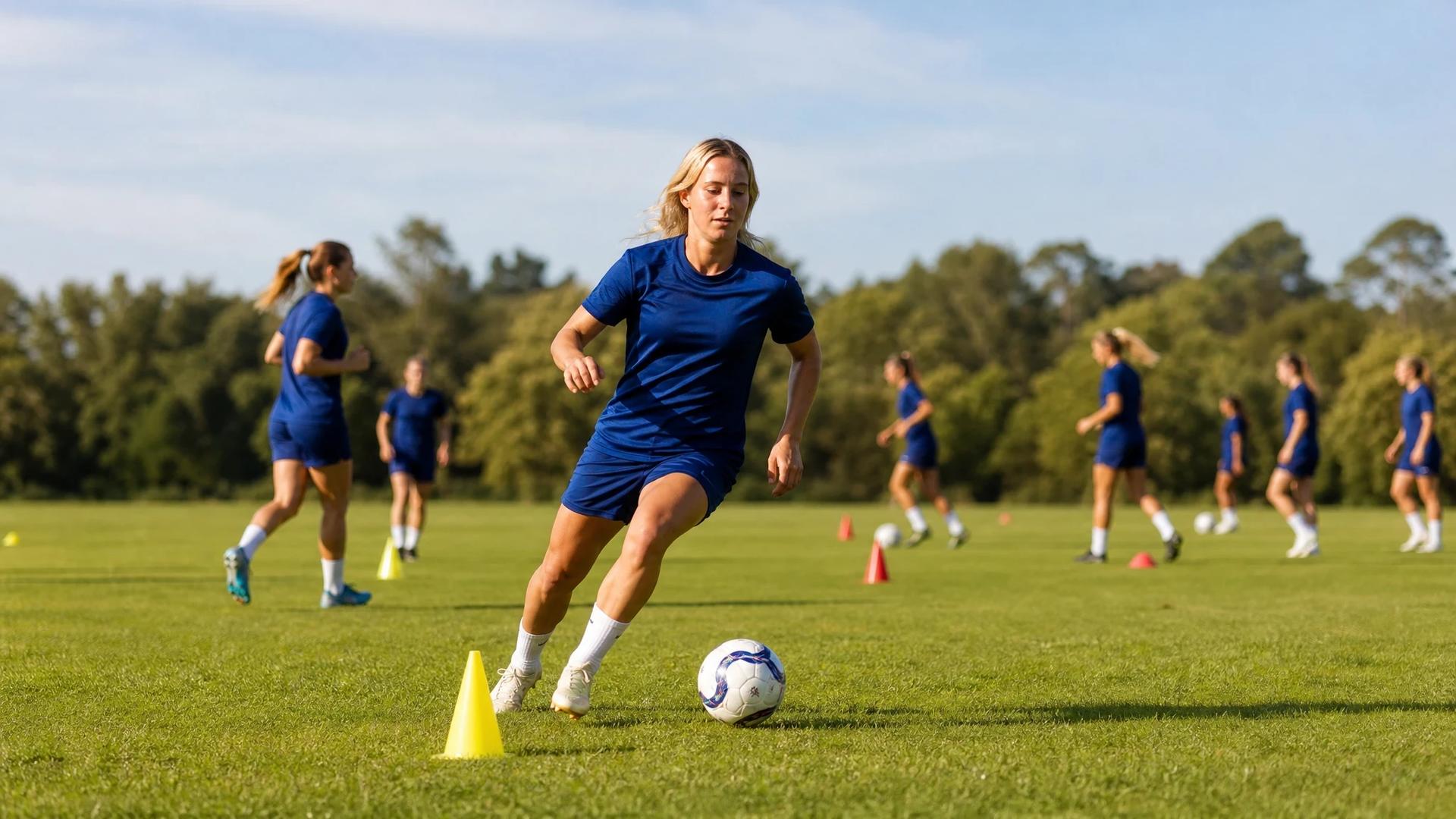 A young female football player dribbles a ball on a training pitch with teammates in the background.