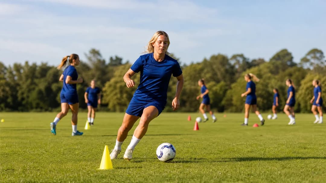 A young female football player dribbles a ball on a training pitch with teammates in the background.