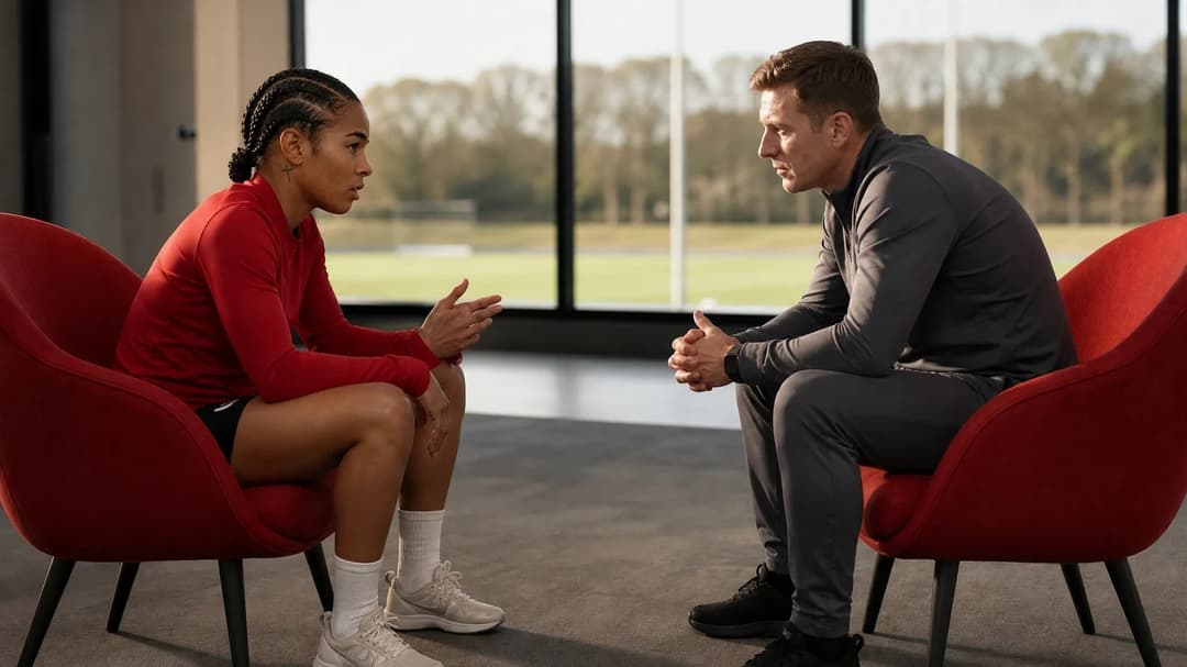 Shania Hayles conversing with manager Tom Mallinson during a training session at Nottingham Forest.