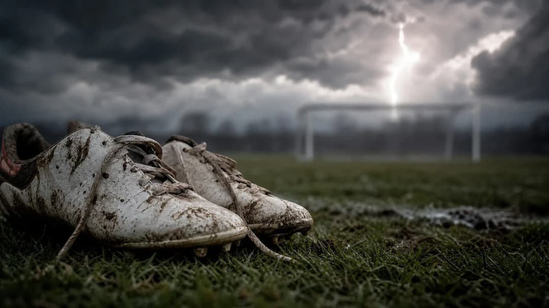 Close-up of worn football cleats on grass, under a stormy sky.
