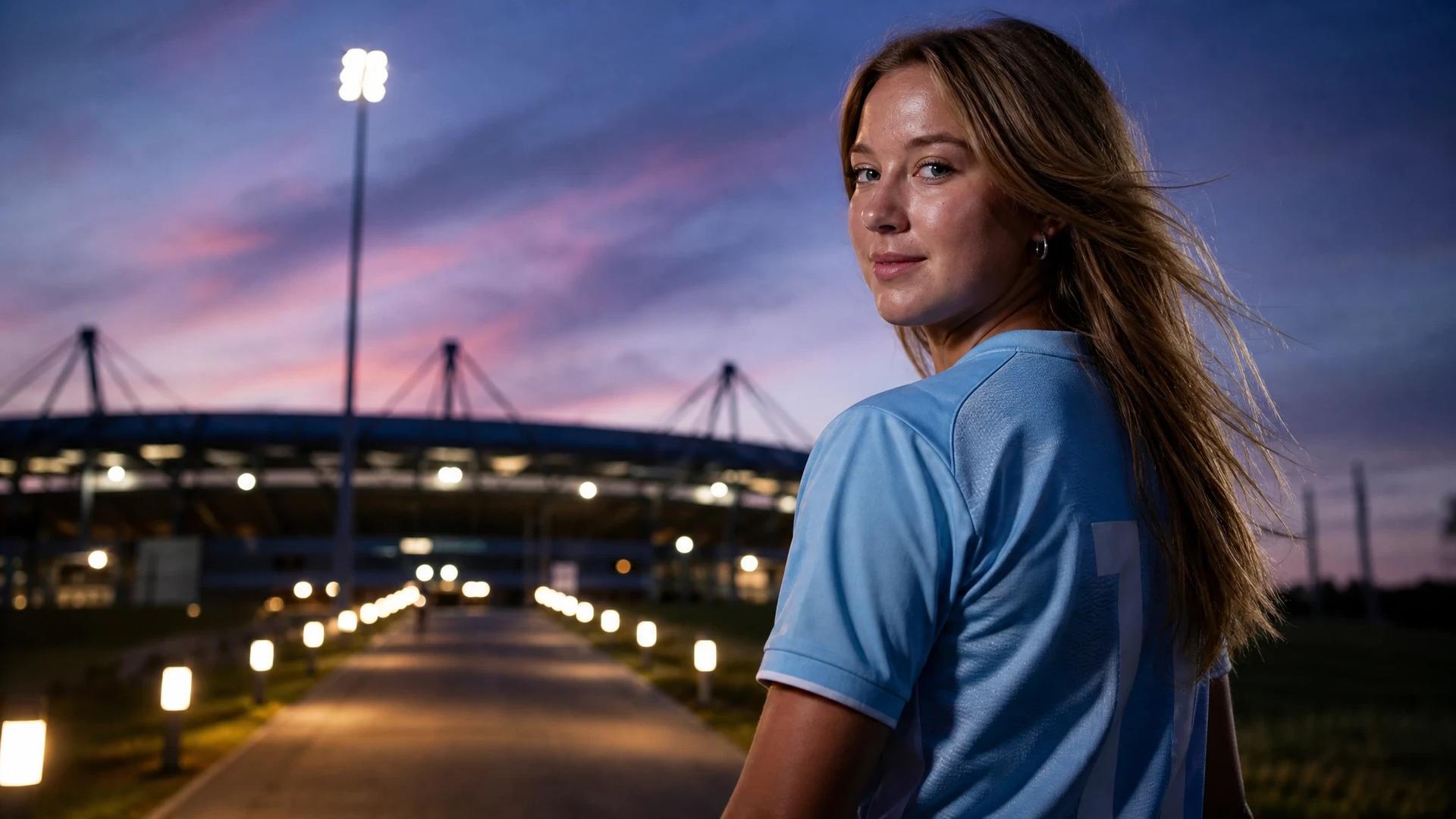 A young female football player walking along a lit path away from a stadium at dusk.