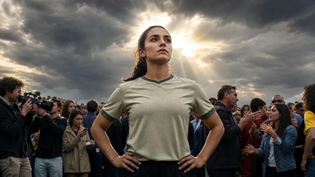 A female footballer stands confidently amid a bustling crowd at a summer transfer event, with dramatic stormy clouds in the background.