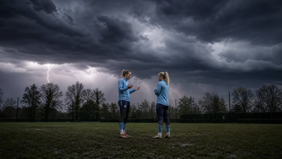Vivianne Miedema and Beth Mead interacting on a football pitch under a stormy sky.