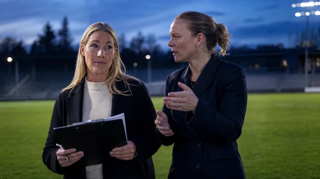 Two female football executives having a serious discussion during dusk.