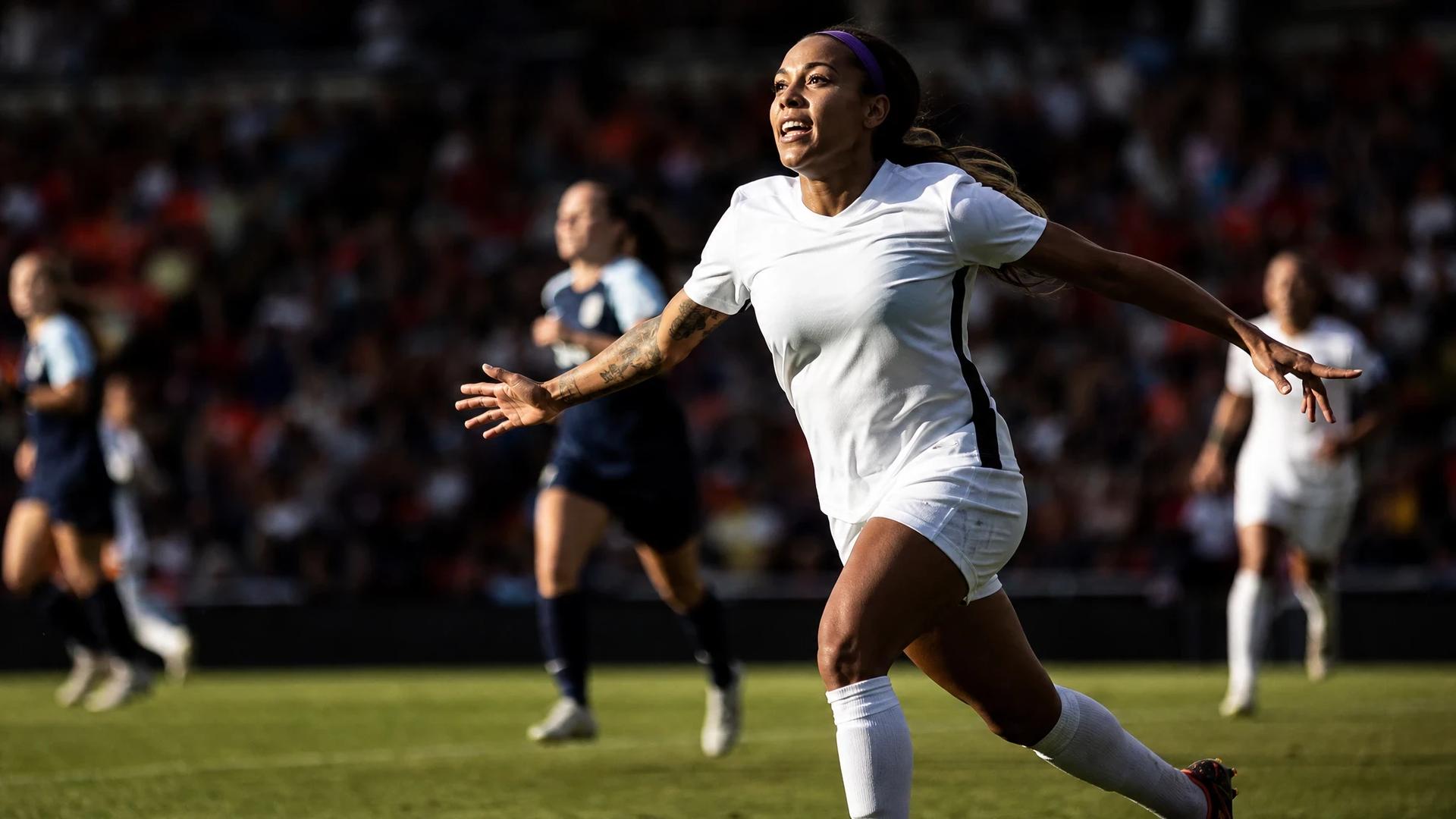 A determined female football player making her comeback on the pitch, surrounded by cheering fans.