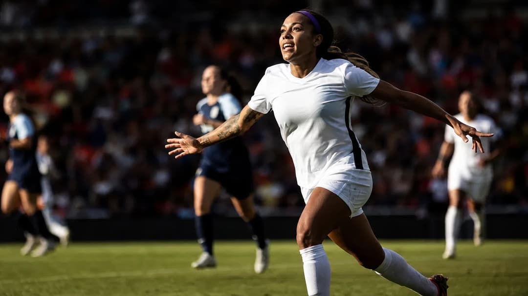 A determined female football player making her comeback on the pitch, surrounded by cheering fans.