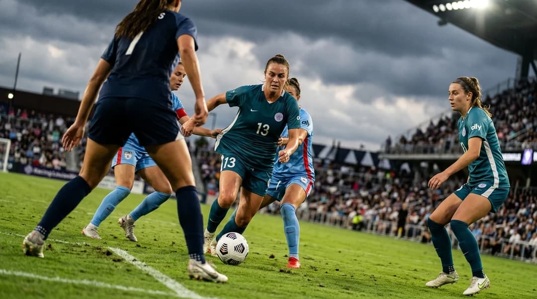 A women’s soccer match with Emma Sears dribbling the ball and Kayla Fischer positioned for a pass.