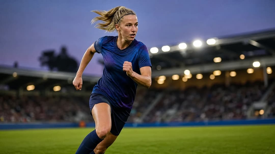 Jackie Groenen sprinting on a football pitch at dusk.