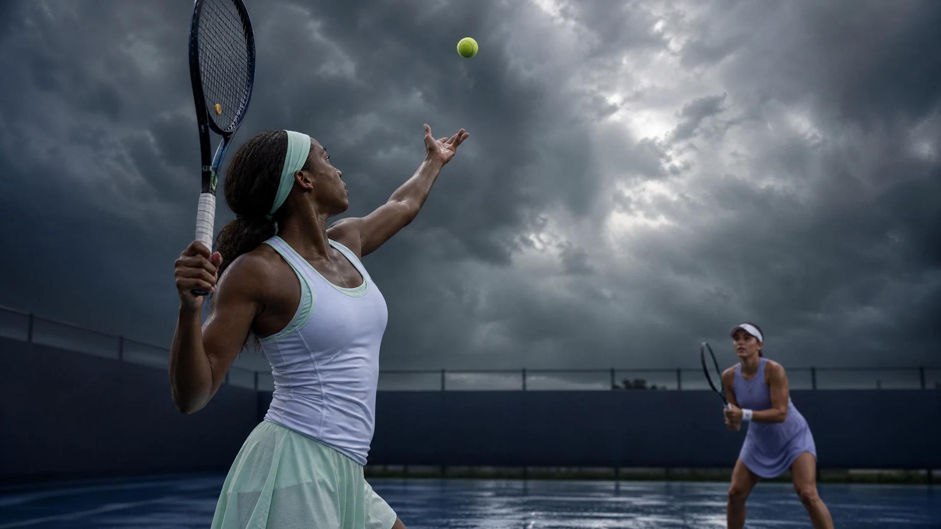 Two female tennis players, Alex Eala and Jessica Pegula, in a tense moment on the court during a storm.