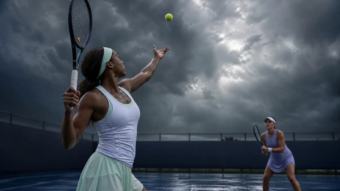 Two female tennis players, Alex Eala and Jessica Pegula, in a tense moment on the court during a storm.