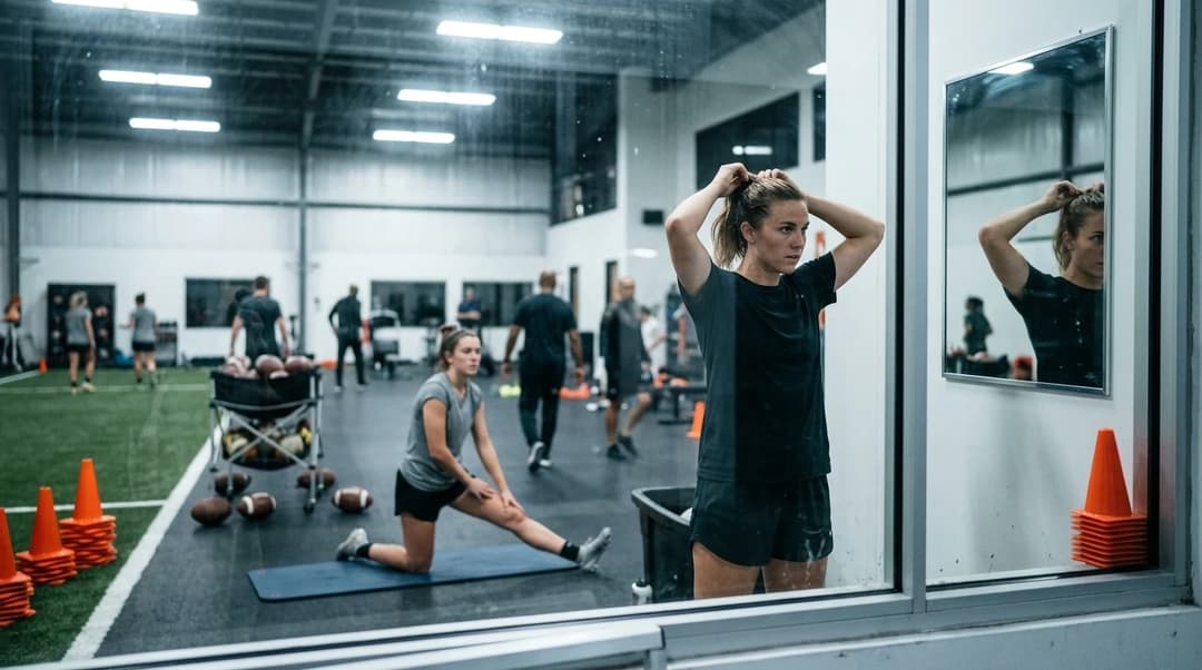 Two female football players preparing for a match in a training facility, seen through a glass window.