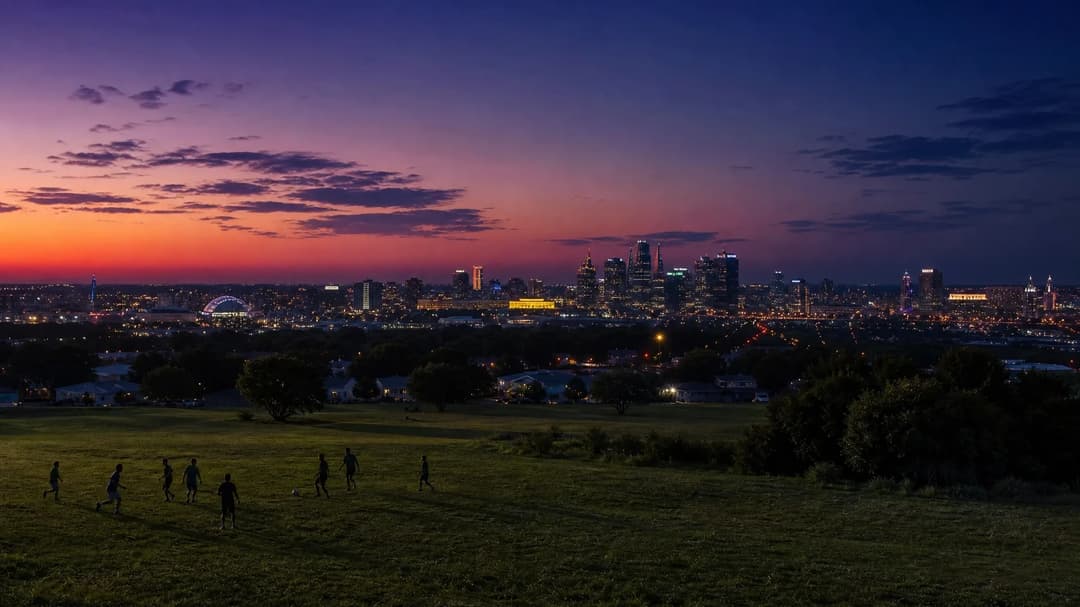 An expansive view of Kansas City at dusk with players playing soccer in the foreground.