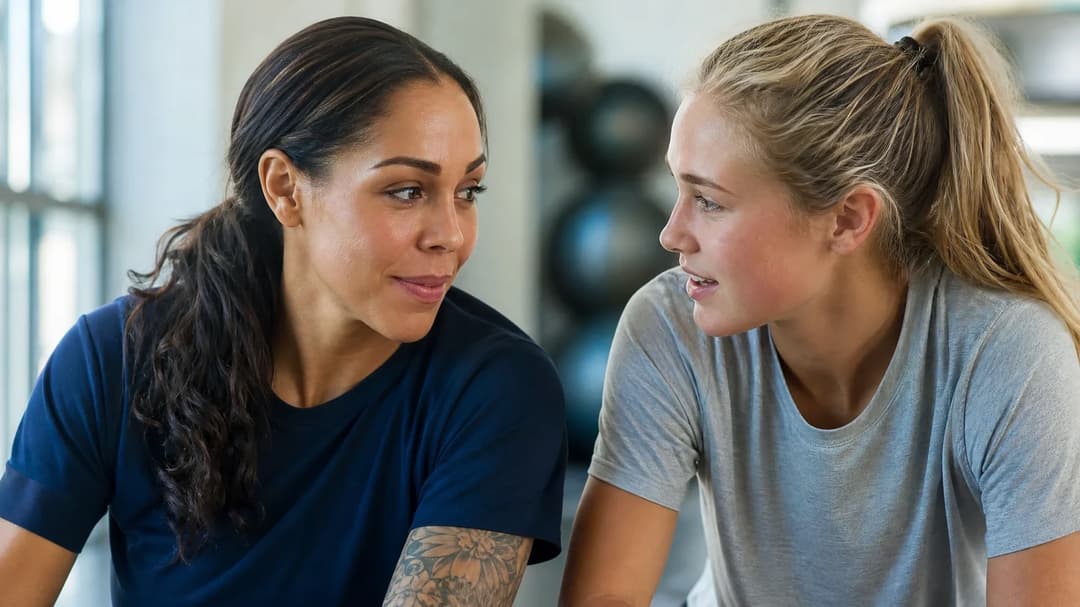 Sydney Leroux and Ally Sentnor sharing an intimate conversation in a bright room.