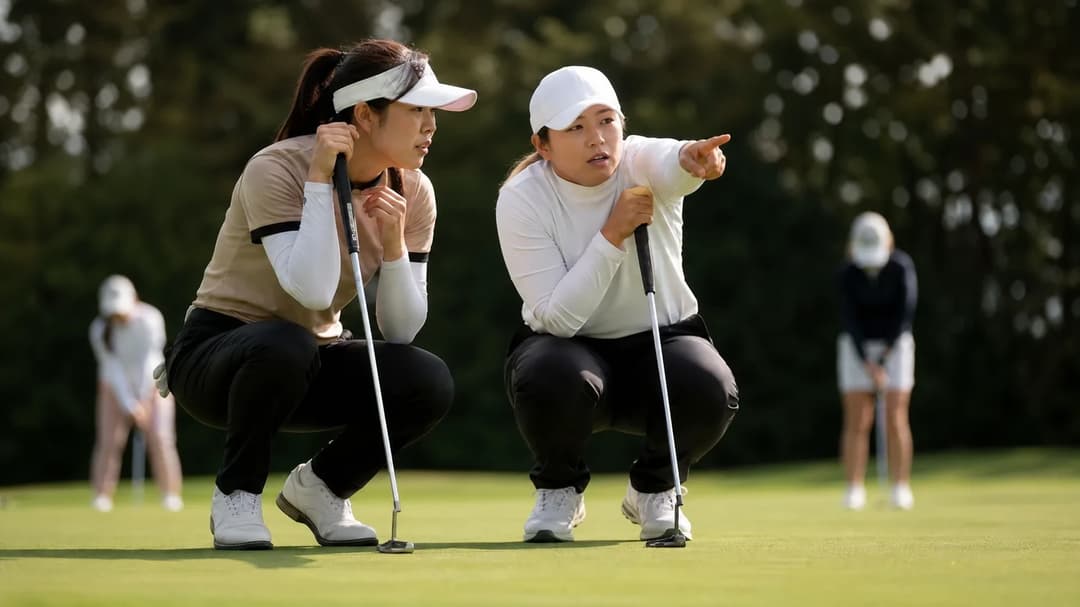 Miyu Yamashita and Nasa Hataoka discussing strategy on a golf practice green.