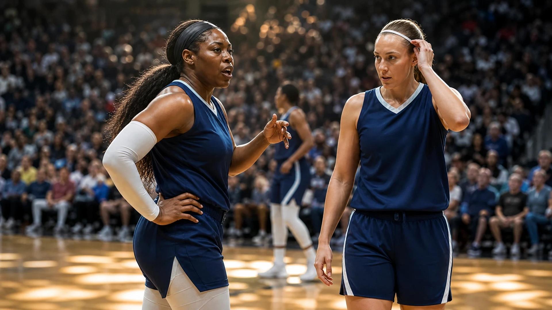 Arike Ogunbowale and Jessica Shepard are poised for a basketball game, captured just before the tip-off with a blurred crowd behind them.