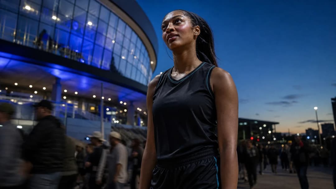 Angel Reese standing outside Crypto.com Arena during dusk, reflecting on her performance.