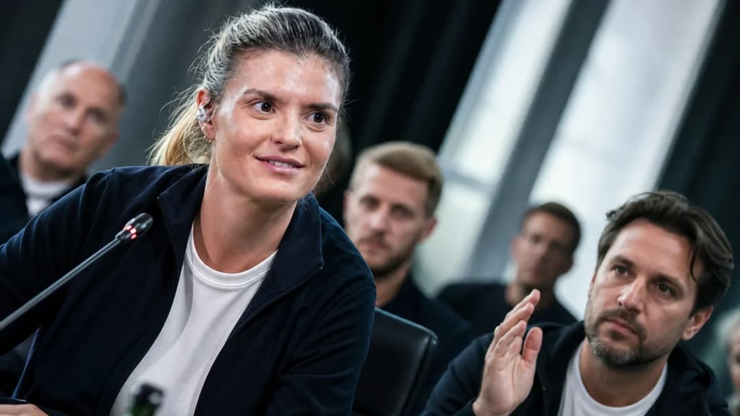 FBL president Katharina Kiel engaging with a club representative during a conference.