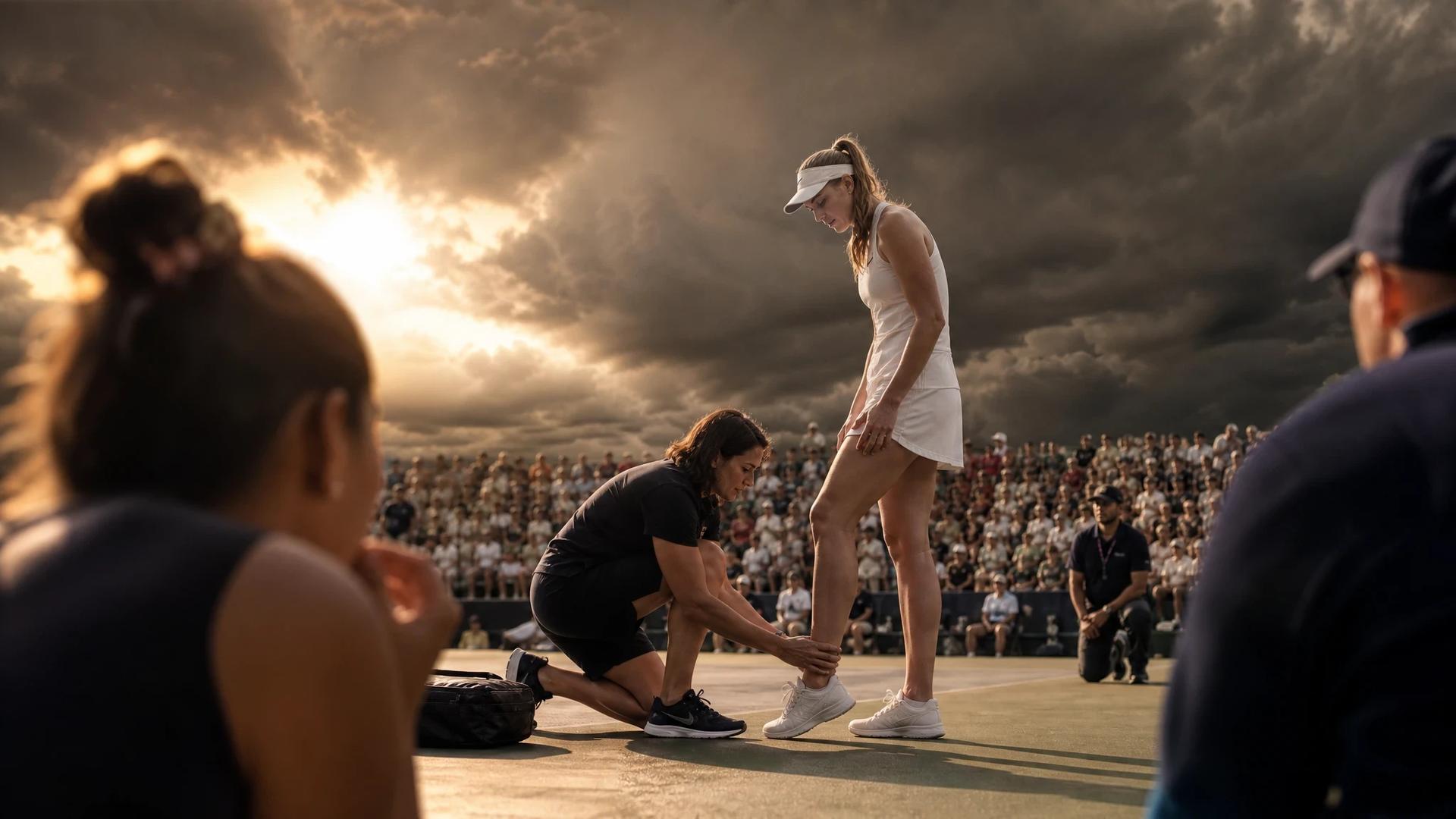 Elena Rybakina receives medical attention on the tennis court as storm clouds loom overhead.