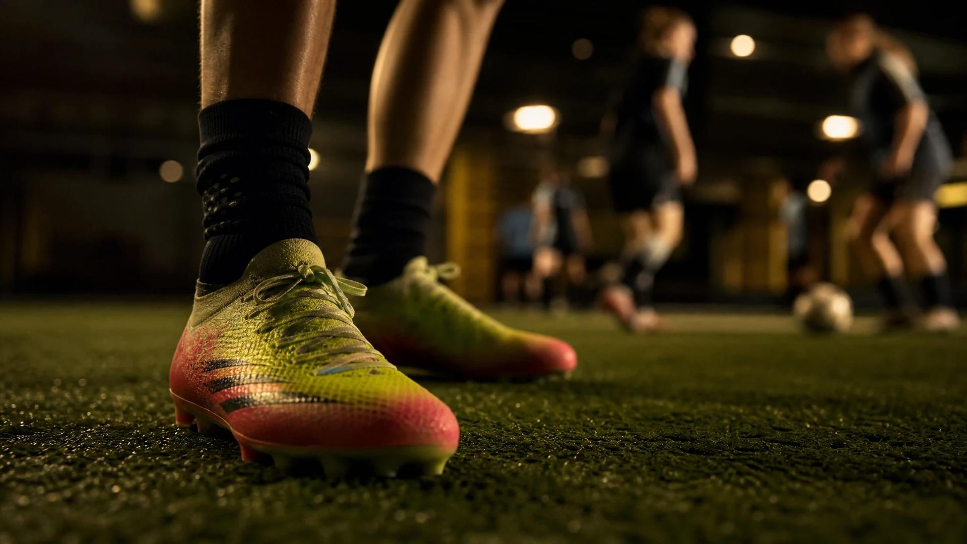 Close-up of football boots on turf in a training environment.