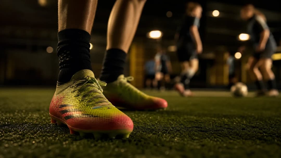 Close-up of football boots on turf in a training environment.