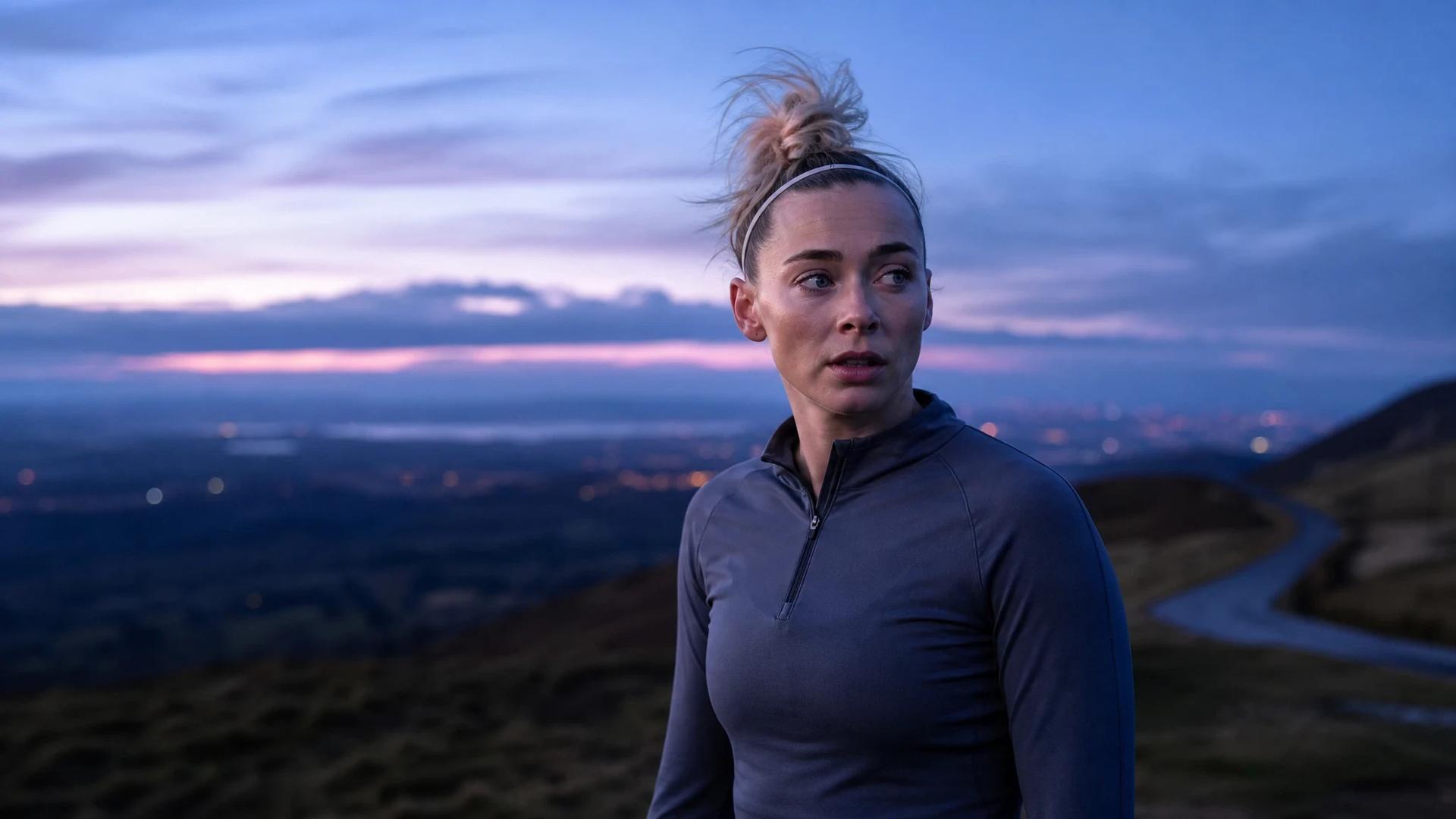 A young female footballer standing on a hill with a serene sunset behind her, symbolizing her new journey.