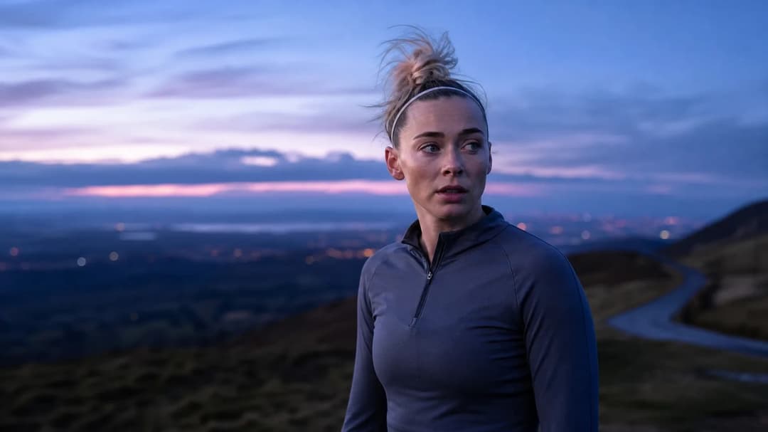 A young female footballer standing on a hill with a serene sunset behind her, symbolizing her new journey.