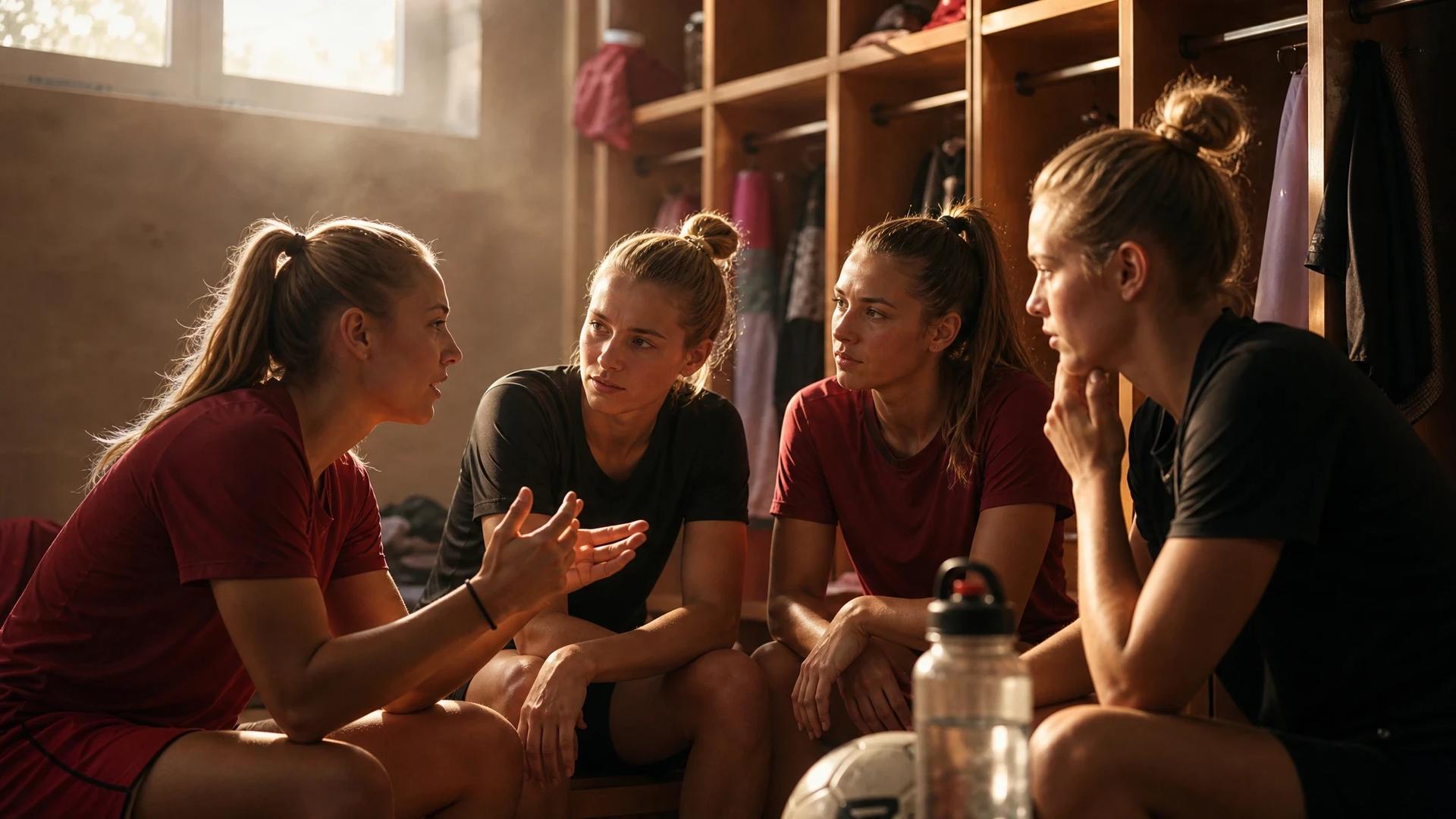 FC Bayern Frauen players gathering in a locker room, discussing strategies after a training session.