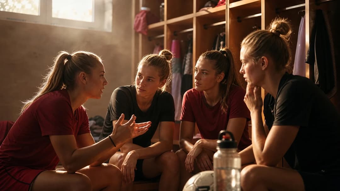 FC Bayern Frauen players gathering in a locker room, discussing strategies after a training session.