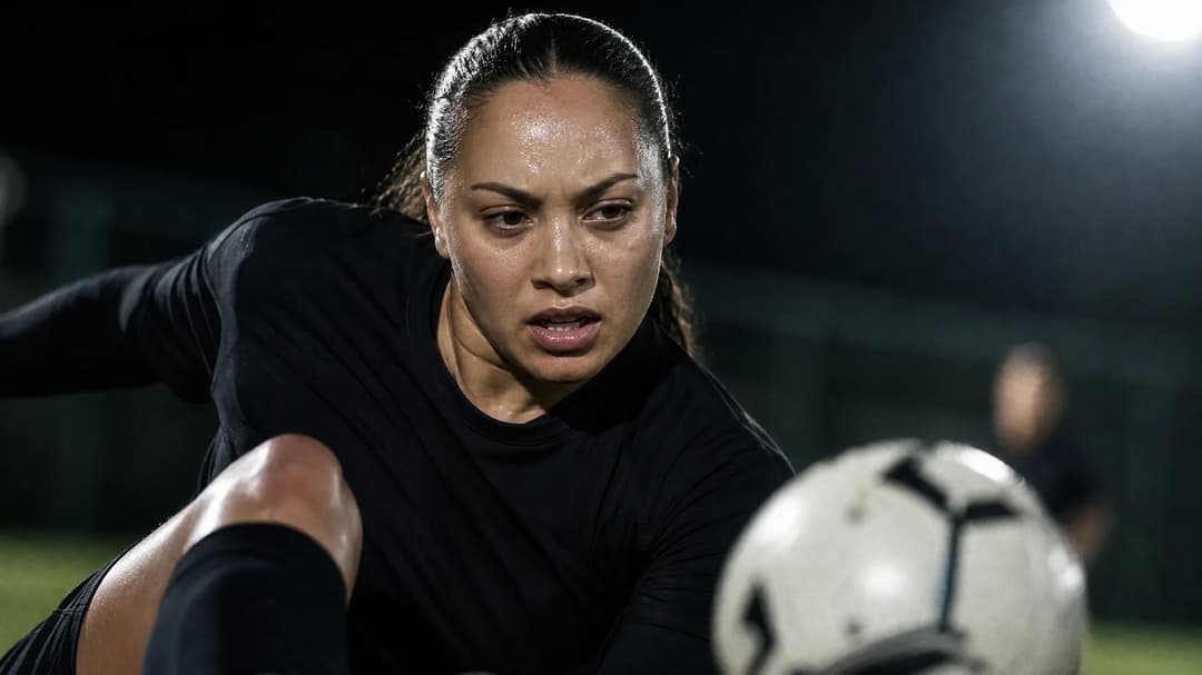 Extreme close-up of Vivienne Lia striking a football with determination.