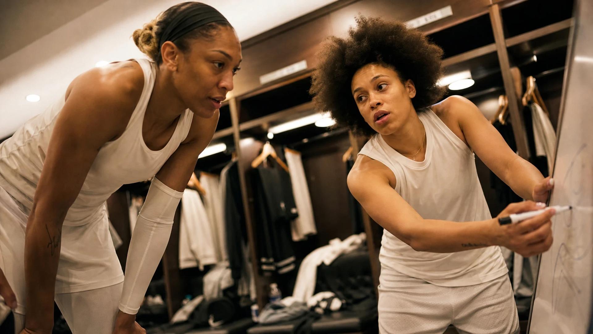 Two female basketball players engaged in a strategy discussion in a locker room.