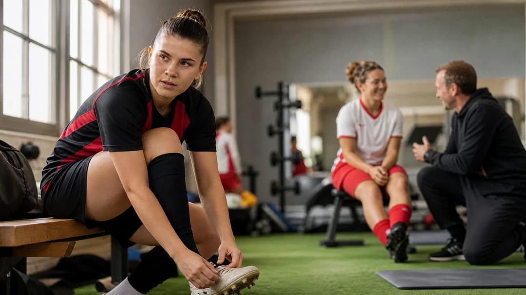 Young female football players preparing for training in a bright room.