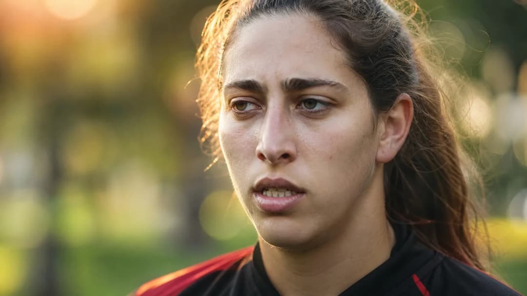 Close-up of Oihane Valdezate, a Spanish football defender, gazing thoughtfully outdoors.