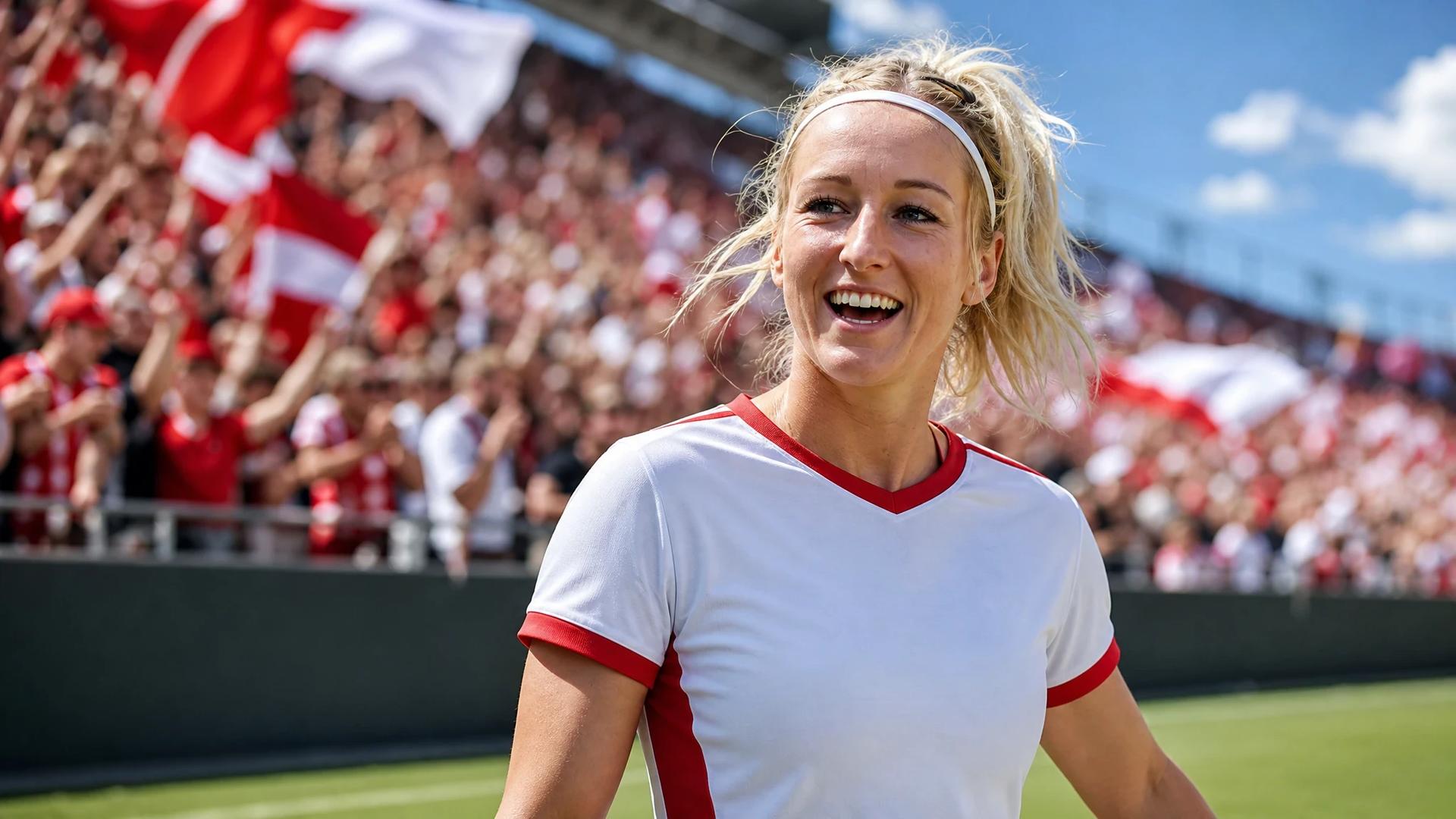 A determined Kathy Hendrich celebrates her return to 1. FC Köln amidst a lively crowd in a stadium.