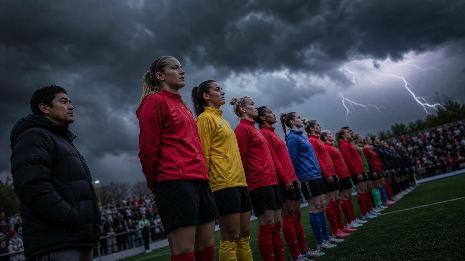 A group of female football players preparing for a match under dark storm clouds, with an enthusiastic crowd in the background.
