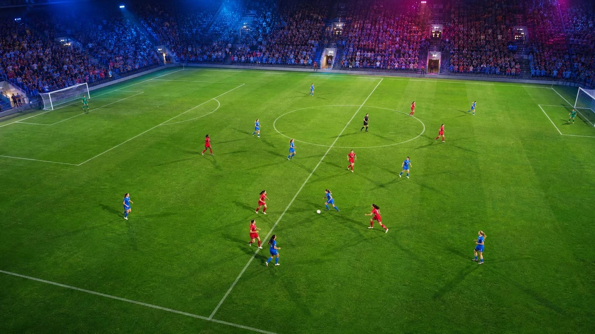 Aerial view of female football players in action on a pitch.