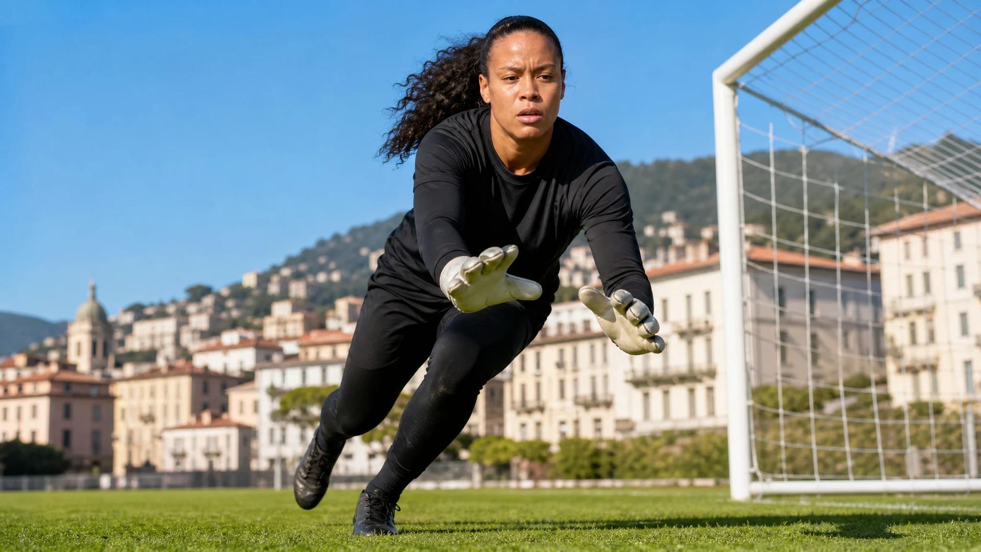 Selena Babb, a goalkeeper, preparing to dive in front of a sunlit goal against a historic background.