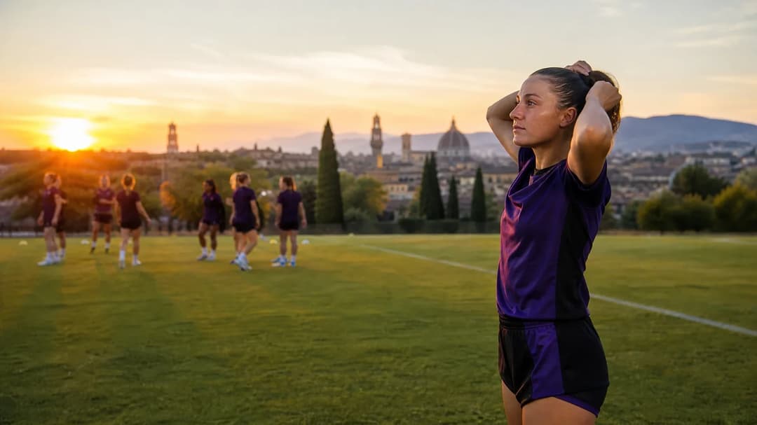 A young female footballer preparing for training during golden hour, with a scenic background of Florence.