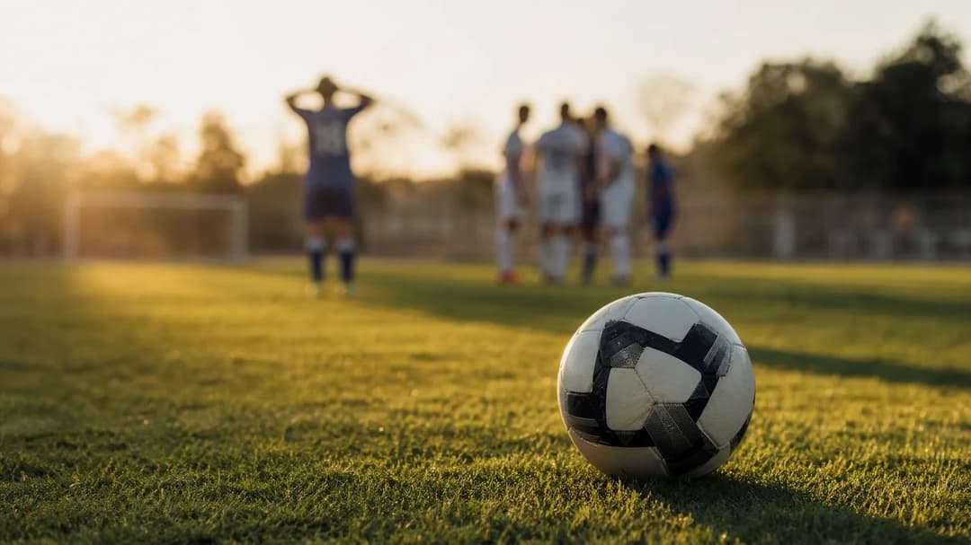 Close-up of a football on grass during a football match with players blurred in the background.