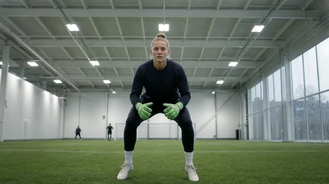 A female goalkeeper, Eve Annets, in training at a modern facility.