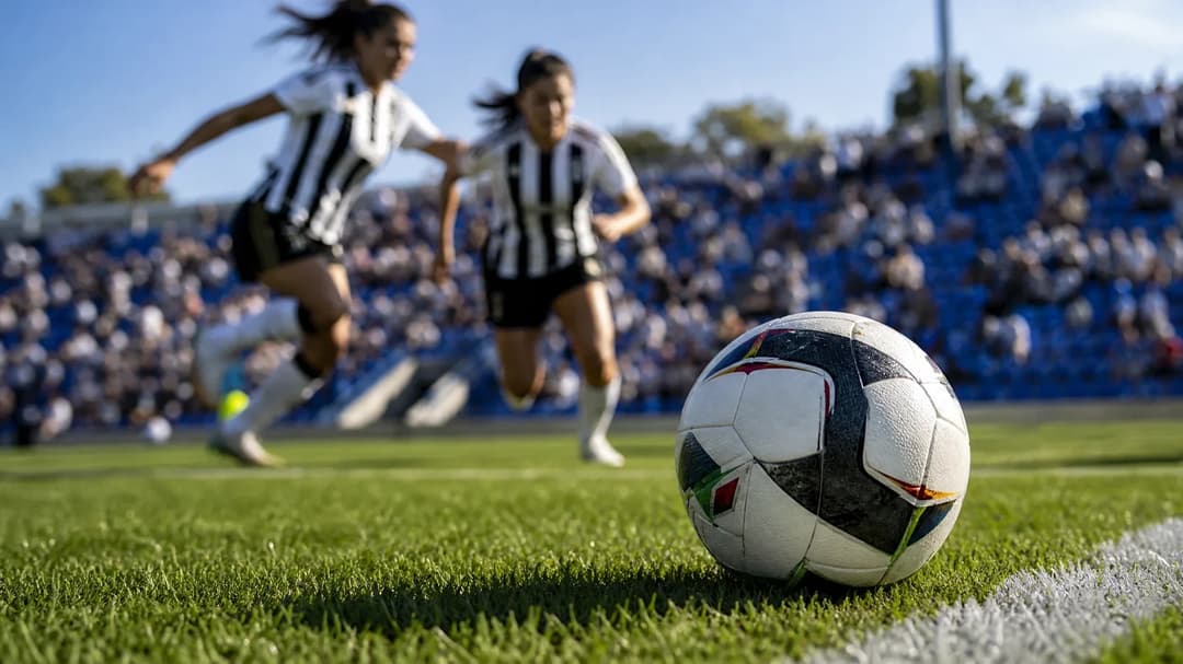 A close-up of a soccer ball on the pitch with blurred Juventus Women players in the background.