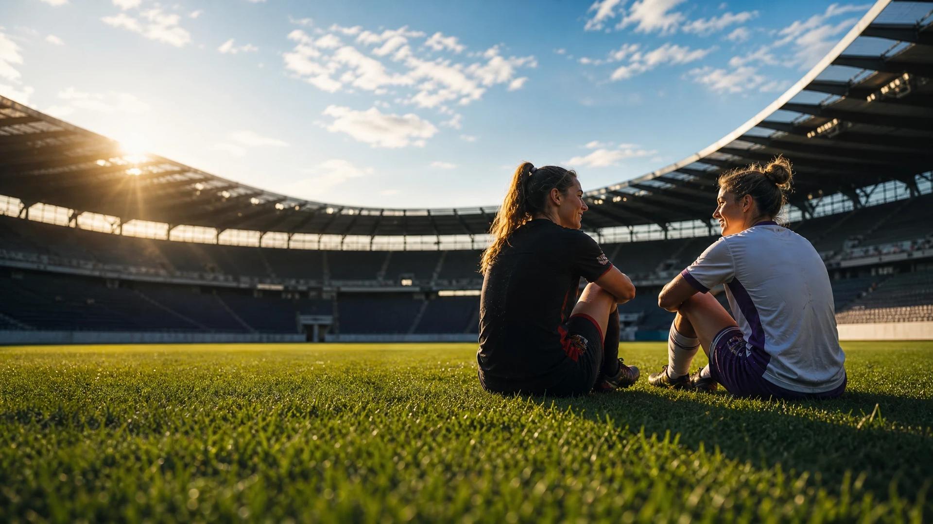 Two female football players sit on the grass at Audi Field, reflecting on the match.