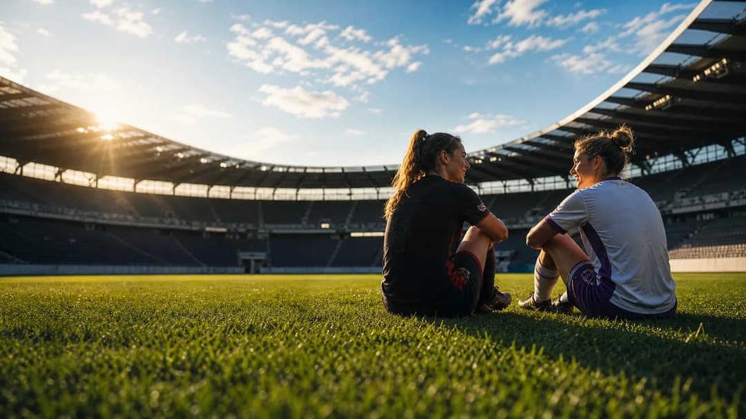 Two female football players sit on the grass at Audi Field, reflecting on the match.