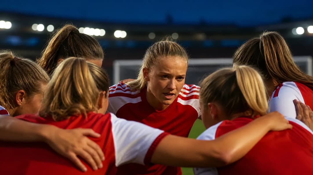 Arsenal Women's football team huddling together on pitch at Emirates Stadium during dusk.